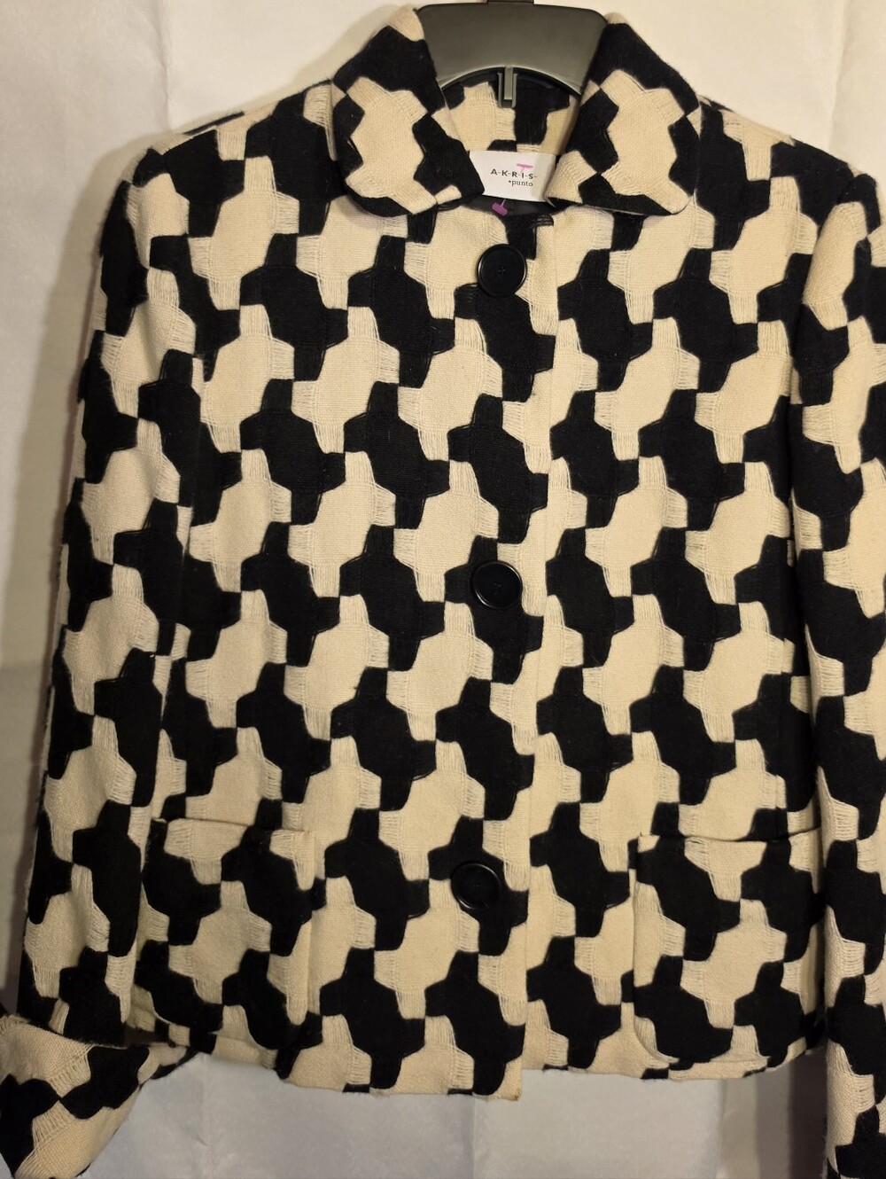 Akris Punto Black And Cream Wool Geometric Design Jacket